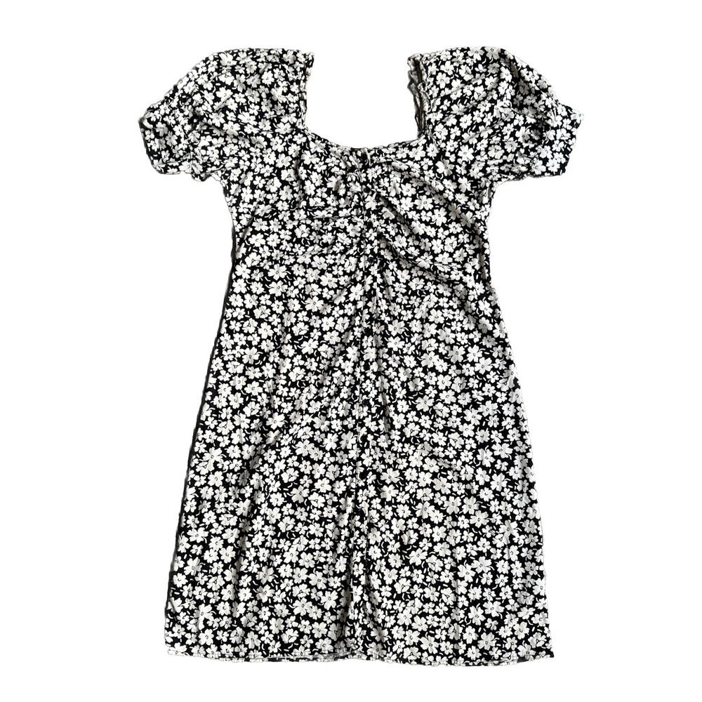 Who What Wear Black and White Floral Puff Sleeve Midi Dress